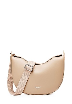 Beige faux leather handbag with a curved shape, textured woven strap, and silver buckle accent. Brand logo displayed on the front.