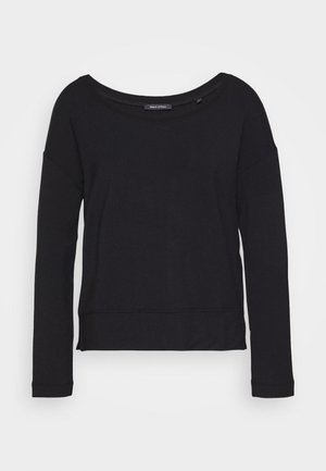 Black long-sleeve shirt with wide neckline and slightly cropped hem, displayed flat against a white background.