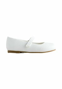 White ballet flats made of textured synthetic material, featuring a square toe, a strap across the instep, and a flat brown outsole.