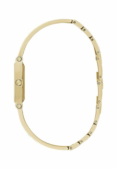 Guldtonet metalarmbånd med en glat, rektangulær urskive og rundede led. Har små detaljer og en sikker låsemekanisme.