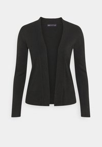 Černý cardigan vyrobený z měkkého pleteného materiálu, který má šálový límec, otevřený design, dlouhé rukávy a žebrované detaily na manžetách a lemu.