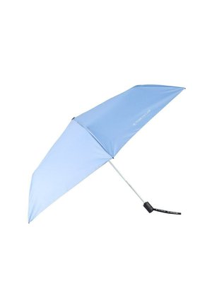 Lichtblauwe paraplu met een aluminium frame, voorzien van een puntig canopy-ontwerp en een zwarte handgreep met logo-details.