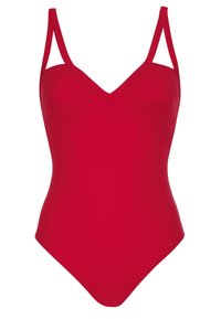 Roter Badeanzug mit V-Ausschnitt, breiten Trägern, glatter Textur und hochgeschnittenem Beinausschnitt. Keine sichtbaren Muster oder Akzente.
