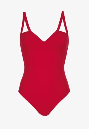 Roter Badeanzug mit V-Ausschnitt, breiten Trägern, glatter Textur und hochgeschnittenem Beinausschnitt. Keine sichtbaren Muster oder Akzente.