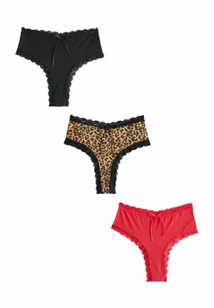 Trois strings pour femmes à bordure en dentelle en noir, imprimé léopard avec dentelle noire, et rouge uni avec un petit nœud.