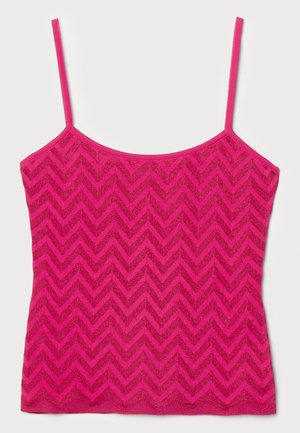 Pink tank top with thin straps, featuring a chevron pattern in a textured fabric. Straight hemline, simple design, and vibrant color.