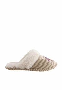 Beige corduroy slipper with a fluffy white faux fur collar. Features ribbed texture and embroidered detail on the upper. Round toe design.
