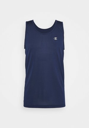 Débardeur de sport bleu marine sans manches avec un petit logo Champion argenté sur la poitrine gauche, fabriqué en tissu mesh respirant.