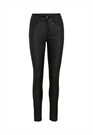 Jeans skinny neri realizzati in materiale elastico, con vita alta, cuciture sottili, cinque tasche e una finitura liscia e lucida.