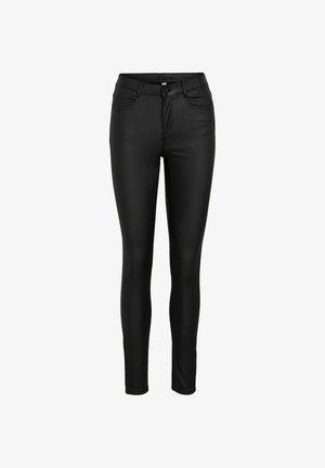 Jeans skinny neri realizzati in materiale elastico, con vita alta, cuciture sottili, cinque tasche e una finitura liscia e lucida.