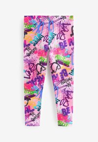 Graffiti-mönstrade leggings i starkt rosa, med olika färgglada texter och former. Tillverkade i ett elastiskt material, åtsittande design, ankellängd.