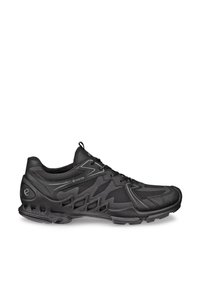 Chaussure de sport noire Gore-Tex avec superpositions en mesh et synthétique, semelle intermédiaire en mousse, et semelle extérieure en caoutchouc texturé pour les sports en plein air.