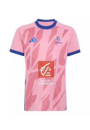 Pink France soccer jersey with abstract patterns, blue collar and sleeve edges, Adidas logo, team emblem, and Caisse d'Epargne sponsor on front.