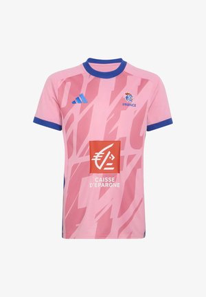 Maillot de football rose de l'équipe de France avec motifs abstraits, col et bords de manches bleus, logo Adidas, emblème de l’équipe et sponsor Caisse d'Epargne sur le devant.