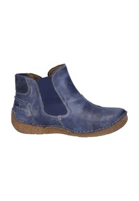 Bottines en cuir bleu avec panneaux élastiques sur les côtés, surface texturée et semelle en liège brun. Des détails de couture simples accentuent le design.