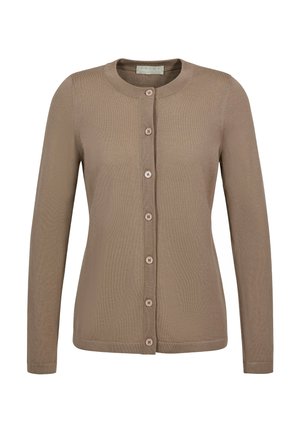 Cardigan lavorato a maglia color taupe con maniche lunghe, scollo rotondo e sette bottoni frontali, vestibilità sagomata.