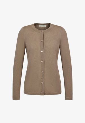 Cardigan lavorato a maglia color taupe con maniche lunghe, scollo rotondo e sette bottoni frontali, vestibilità sagomata.