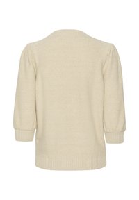 Gaišs beidzis adīts džemperis ar trim ceturtdaļām piedurknēm, ribotu apakšmalu un aprocēm, un teksturētu virsmu. Vienkārša, brīva silueta.