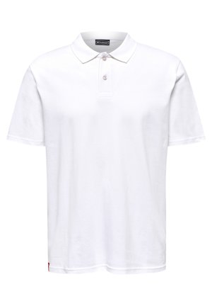 Weißes Poloshirt aus Baumwolle mit klassischem Kragen, zwei-Knopf-Leiste und kleinem Markenetikett am Saum. Kurzarm.