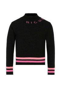 Maglione nero a maglia con colletto alto, caratterizzato dalla scritta rosa "RICH" e due strisce orizzontali rosa e nere all'orlo e ai polsini.