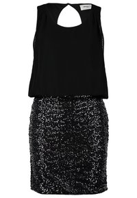 Svart ärmlös klänning med en nyckelhålsrygg. Överdelen är i slät tyg, medan kjolen är prydd med glänsande svarta paljetter som skapar en texturerad look.