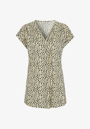 Beige V-Ausschnitt Bluse mit kurzen Ärmeln, schwarzem unregelmäßigem Punktmuster und lockerem Sitz.