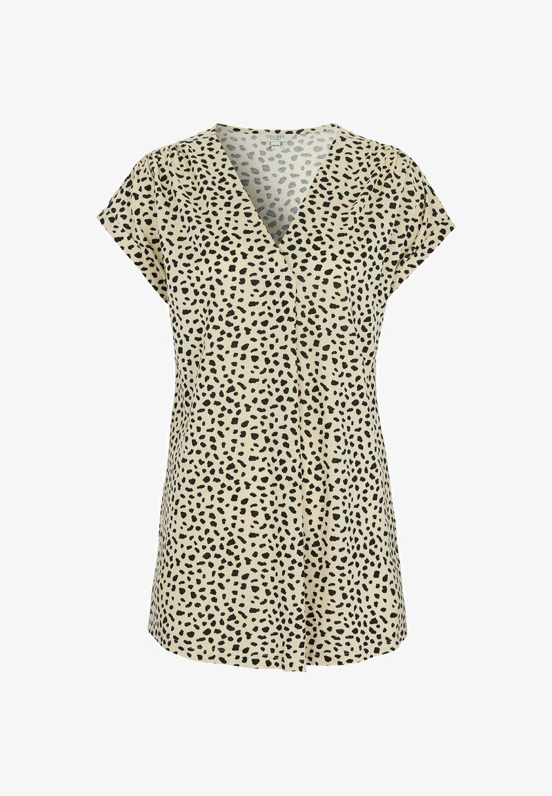 Beige V-Ausschnitt Bluse mit kurzen Ärmeln, schwarzem unregelmäßigem Punktmuster und lockerem Sitz.