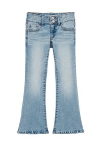 Svetlo modré zvonové džínsy vyrobené z denimu, so zapínaním na dve gombíky, prednými vreckami a vyblednutou textúrou. Dizajn zvonového lemovania na členkoch.