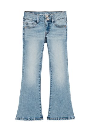 Jasnoniebieskie dżinsy typu flare wykonane z denimu, z dwuprzyciskowym zapięciem, przednimi kieszeniami i wypłowiałą fakturą. Rozszerzany krój na kostkach.