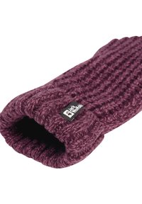 Moufles tricotées en violet profond avec une texture côtelée. Présente un patch logo noir. Le design à poignet ouvert permet une mise enfilage facile.