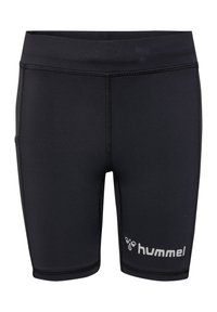 Sorte atletiske shorts lavet af strækbart materiale, med en tæt pasform, flade sømme og et reflekterende logo på den nedre venstre side.