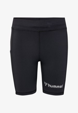 Schwarze Sportshorts aus elastischem Material, mit enger Passform, flachen Nähten und einem reflektierenden Logo auf der unteren linken Seite.