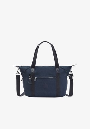 Navyblaue Stofftasche mit doppelten Obergriffen und verstellbarem Schultergurt, ausgestattet mit einer vorderen Reißverschlusstasche und einem Logoemblem. Strukturiertes Finish.