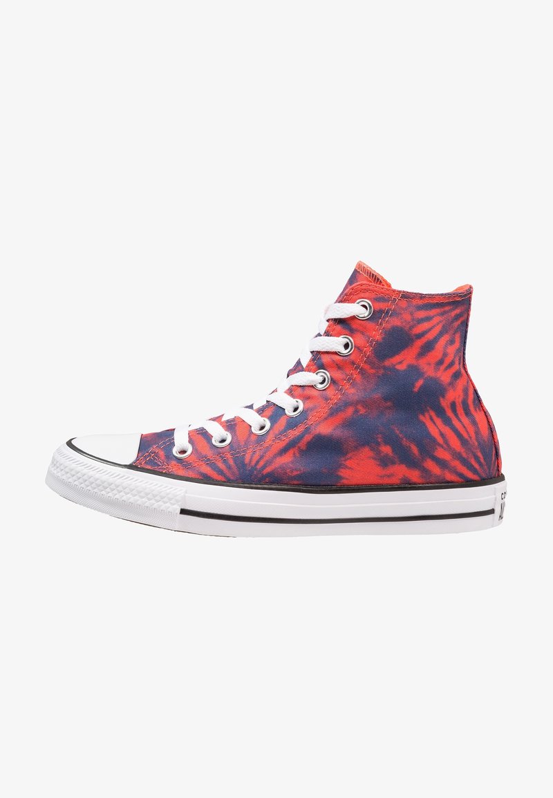High-top sneaker with red and blue tie-dye pattern, white rubber sole, white toe cap, and white laces.