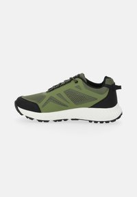 Green athletic shoes featuring a mesh design, black accents, textured sole, and structured lacing for support. Suitable for outdoor activities.