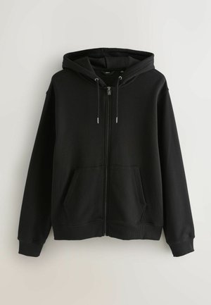 Schwarze Zip-Hoodie aus Baumwollmischung, mit Kapuze, Fronttaschen und gerippten Bündchen und Saum. Glatte Textur, lässiges Design.