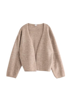 Beige offene Strickjacke mit langen Ärmeln und weicher, flauschiger Textur.