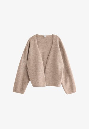 Beżowy sweter kardigan na otwartej przodzie, z długimi rękawami i miękką, puszystą fakturą.