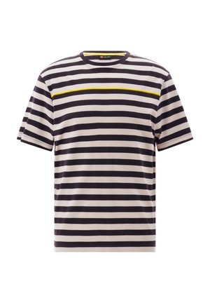 Schwarz-weiß gestreiftes Kurzarm-T-Shirt mit einem dünnen gelben Streifen über der Brust und einem runden Ausschnitt.