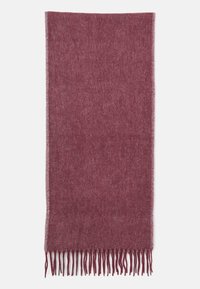 Écharpe en laine bordeaux avec des franges ; texture douce, forme rectangulaire, et couleur unie sans motifs ni ornements.