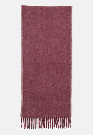 Écharpe en laine bordeaux avec des franges ; texture douce, forme rectangulaire, et couleur unie sans motifs ni ornements.