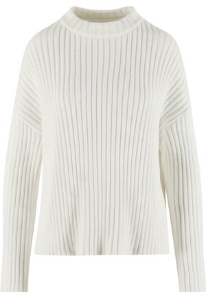 Weißer gerippter Pullover mit hohem Kragen, langen Ärmeln und lockerer Passform, aus einem strukturierten Stoff mit vertikalen Linien.