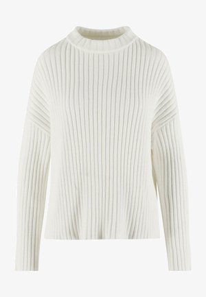 White ribbed sweater with a high neck, long sleeves, and a relaxed fit, featuring a textured fabric with vertical lines.