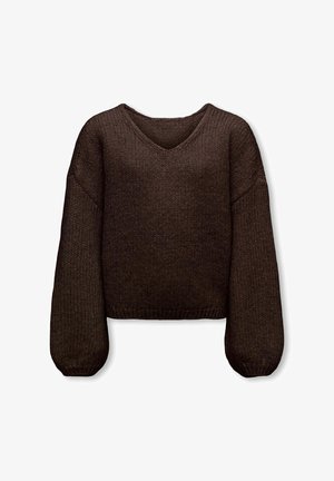 Dunkelbrauner grob gestrickter Pullover mit langen Ballonärmeln und V-Ausschnitt, dargestellt auf weißem Hintergrund.