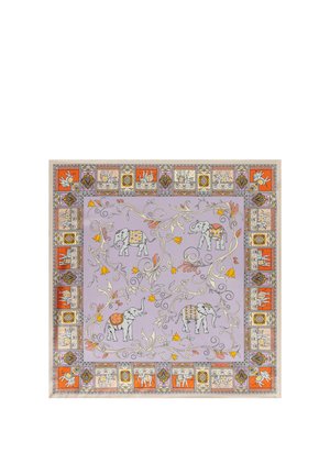 Lavender square scarf with four decorated elephants and swirling floral vines in the center, bordered by alternating orange and white elephant panels.