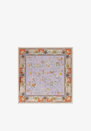 Lavender square scarf with four decorated elephants and swirling floral vines in the center, bordered by alternating orange and white elephant panels.