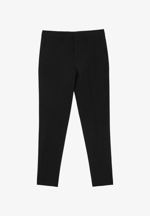 Pantaloni neri su misura dalla vestibilità slim, con tasche laterali e una texture del tessuto liscia, progettati per occasioni formali.