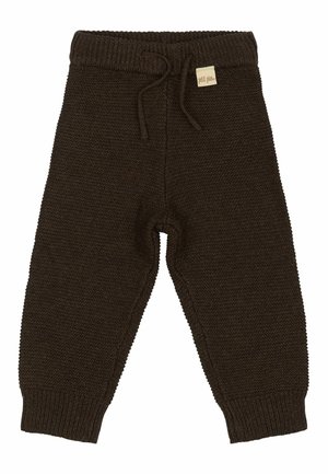 Dunkelbraune gestrickte Babypants mit geripptem Bund und Säumen, Kordelzug an der Vorderseite und einem kleinen beigen Markenlabel am Bund.