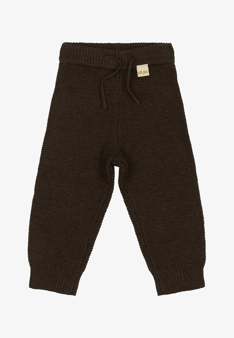 Donkerbruine gebreide babybroek met geribde tailleband en boorden, met een trekkoord aan de voorkant en een klein beige merketiket op de tailleband.