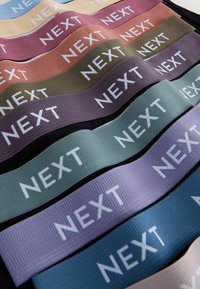 Ensemble de bandes de résistance élastiques de différentes couleurs : rose, vert, violet, bleu, crème et bleu clair ; chacune portant la mention « NEXT » en lettres blanches.